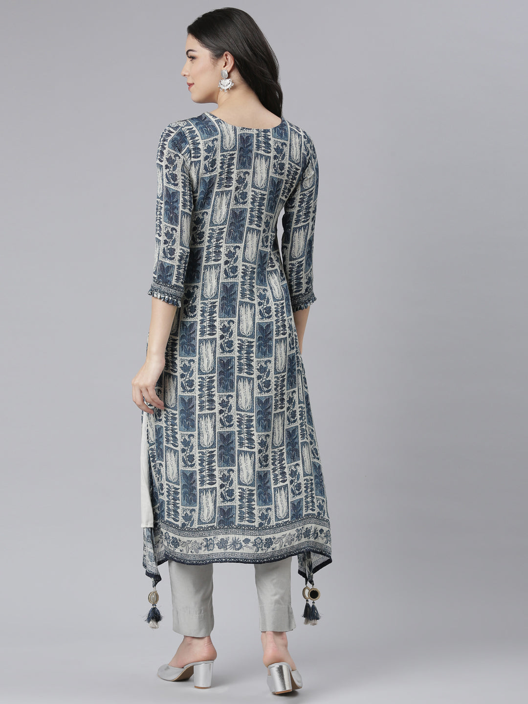 Neerus Blue printed A-Line ethnic kurti - detail view 1