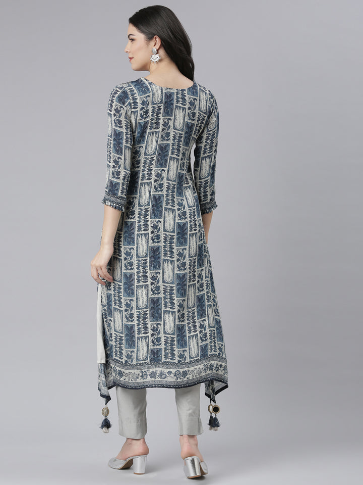 Neerus Blue printed A-Line ethnic kurti - detail view 1