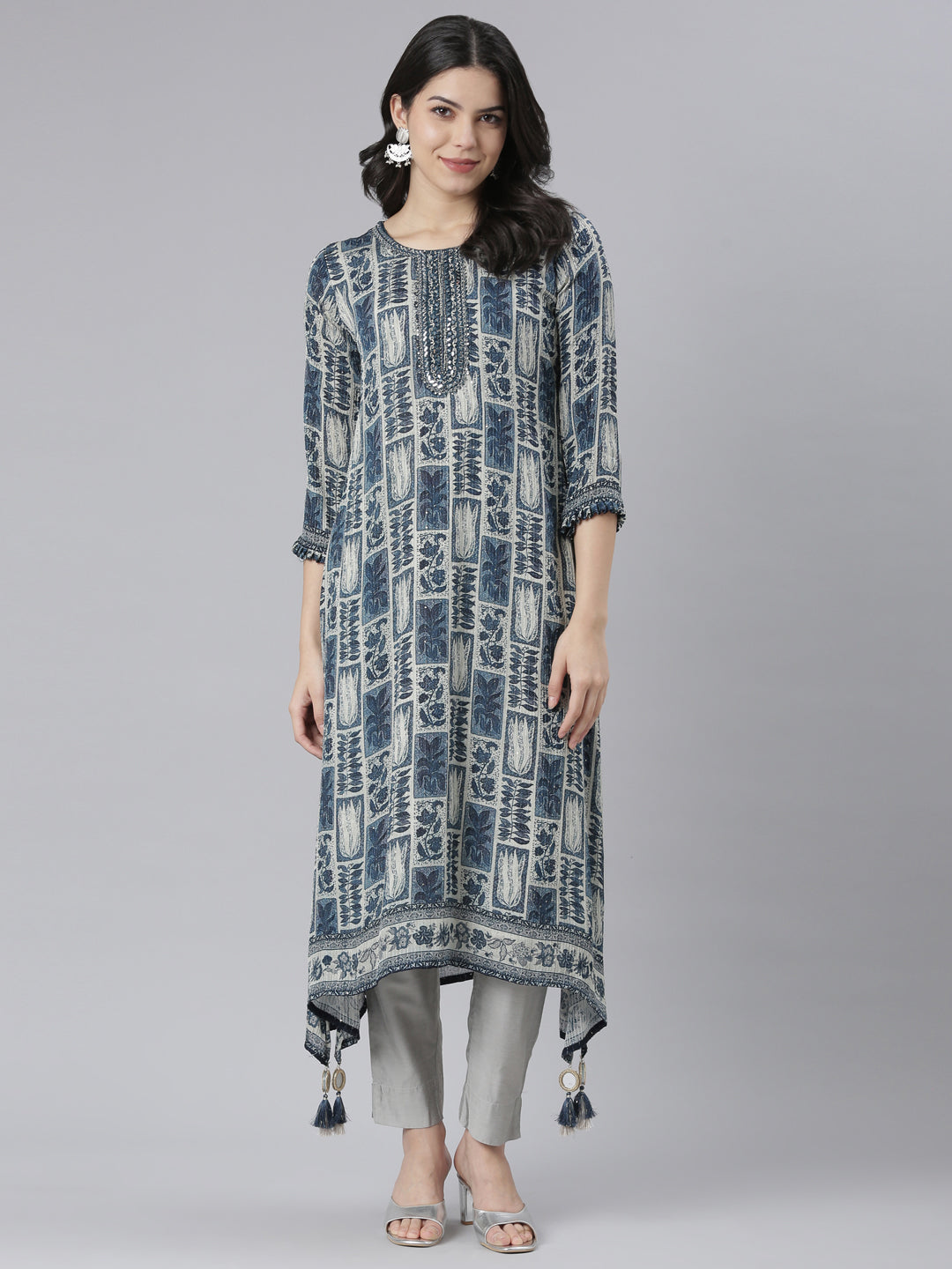 Neerus Blue printed A-Line ethnic kurti - detail view 4