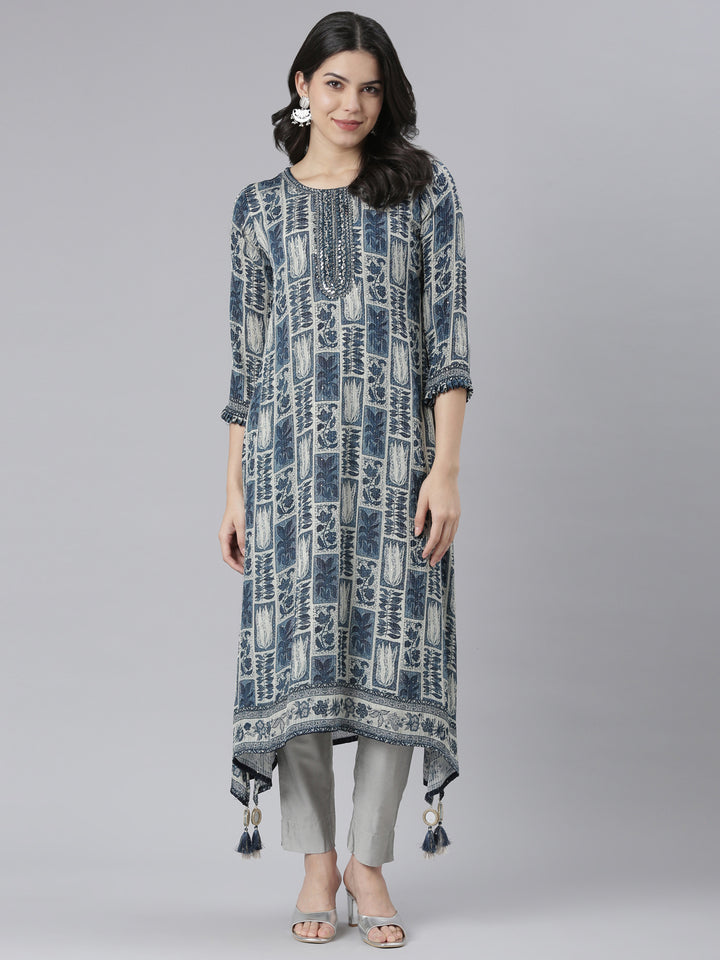 Neerus Blue printed A-Line ethnic kurti - detail view 4