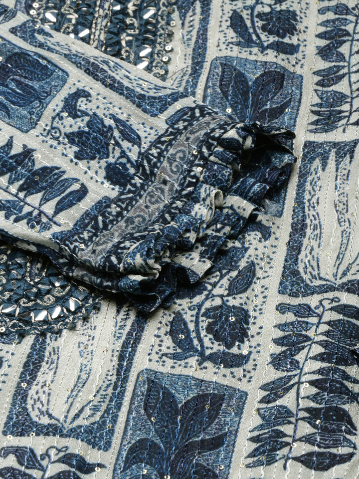 Neerus Blue printed A-Line ethnic kurti - detail view 2