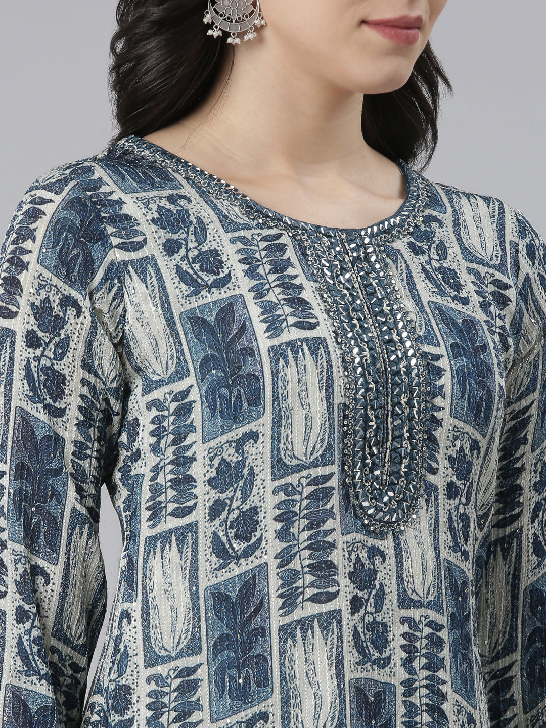 Neerus Blue printed A-Line ethnic kurti - detail view 3