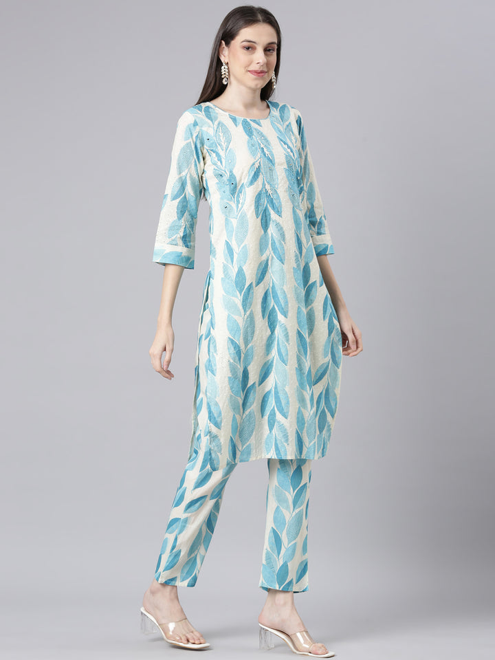 Neerus Blue Printed Straight Kurta and Trousers With Dupatta