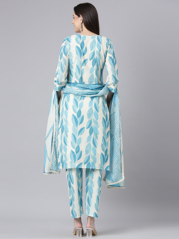 Neerus Blue Printed Straight Kurta and Trousers With Dupatta