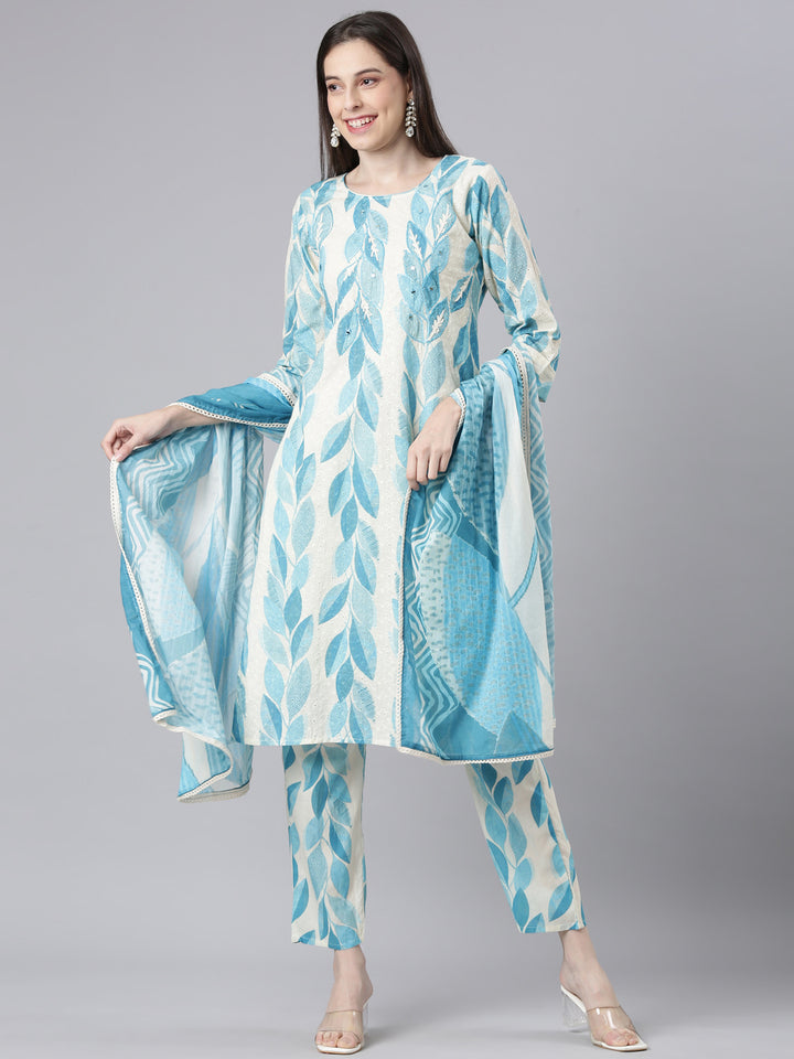 Neerus Blue Printed Straight Kurta and Trousers With Dupatta