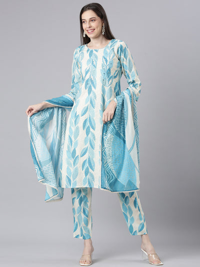 Neerus Blue Printed Straight Kurta and Trousers With Dupatta