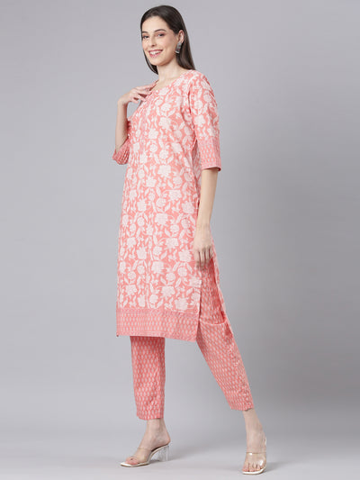 Neerus Orange Printed Straight Kurta and Trousers With Dupatta