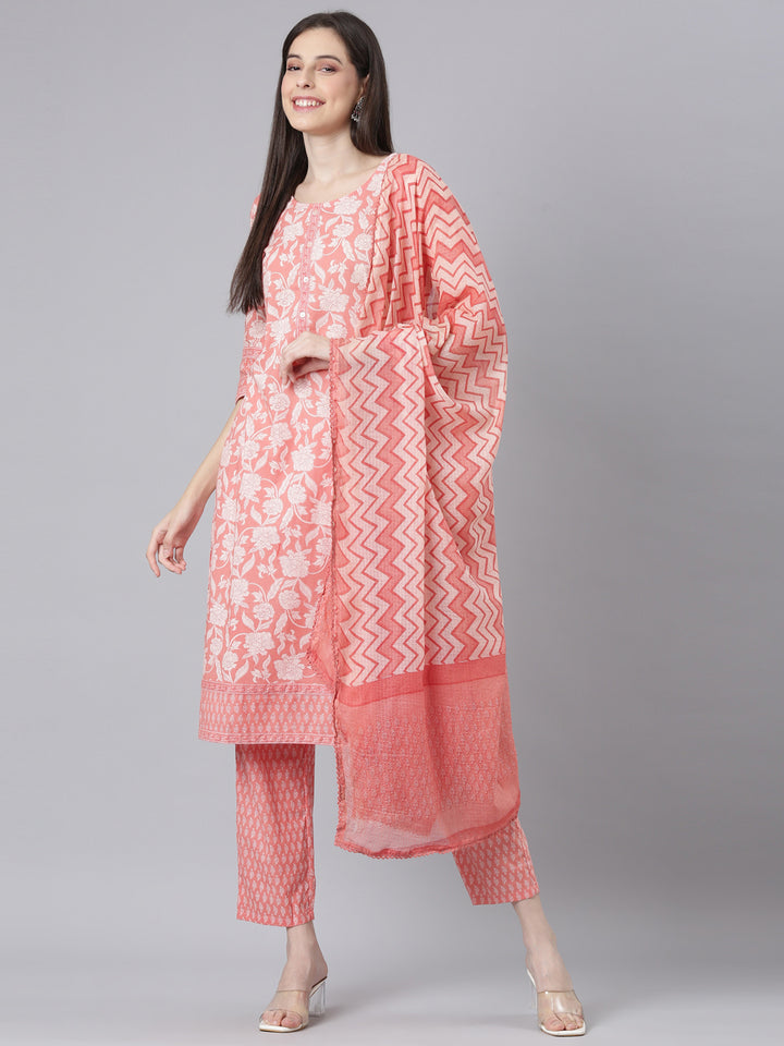 Neerus Orange Printed Straight Kurta and Trousers With Dupatta