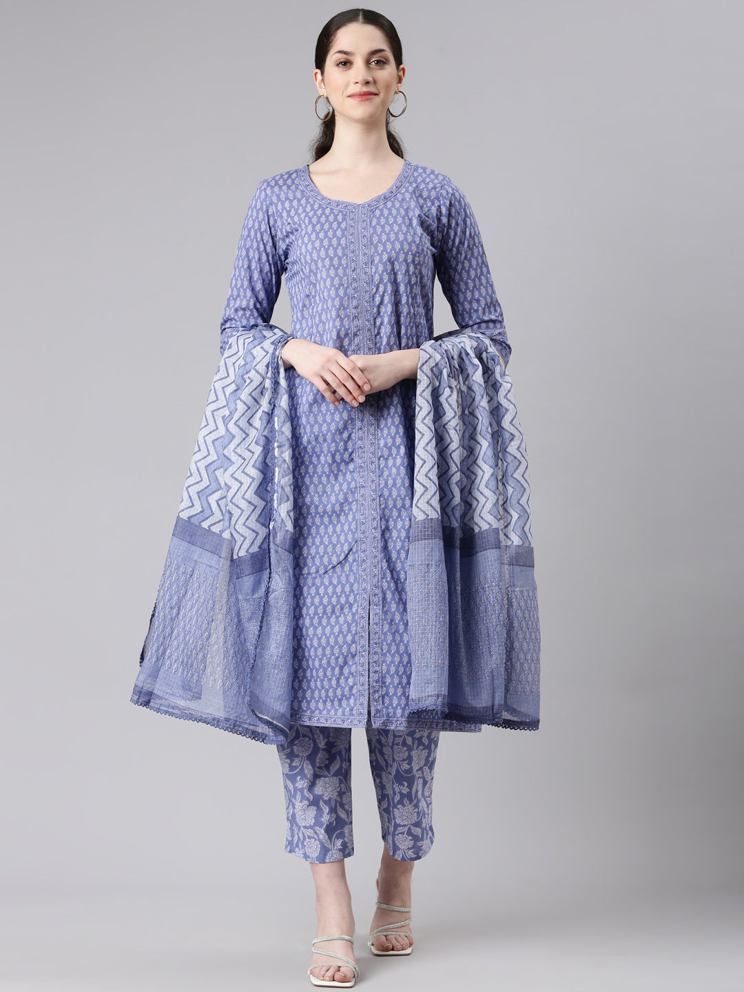 Neerus Blue cotton Anarkali suit set - front view