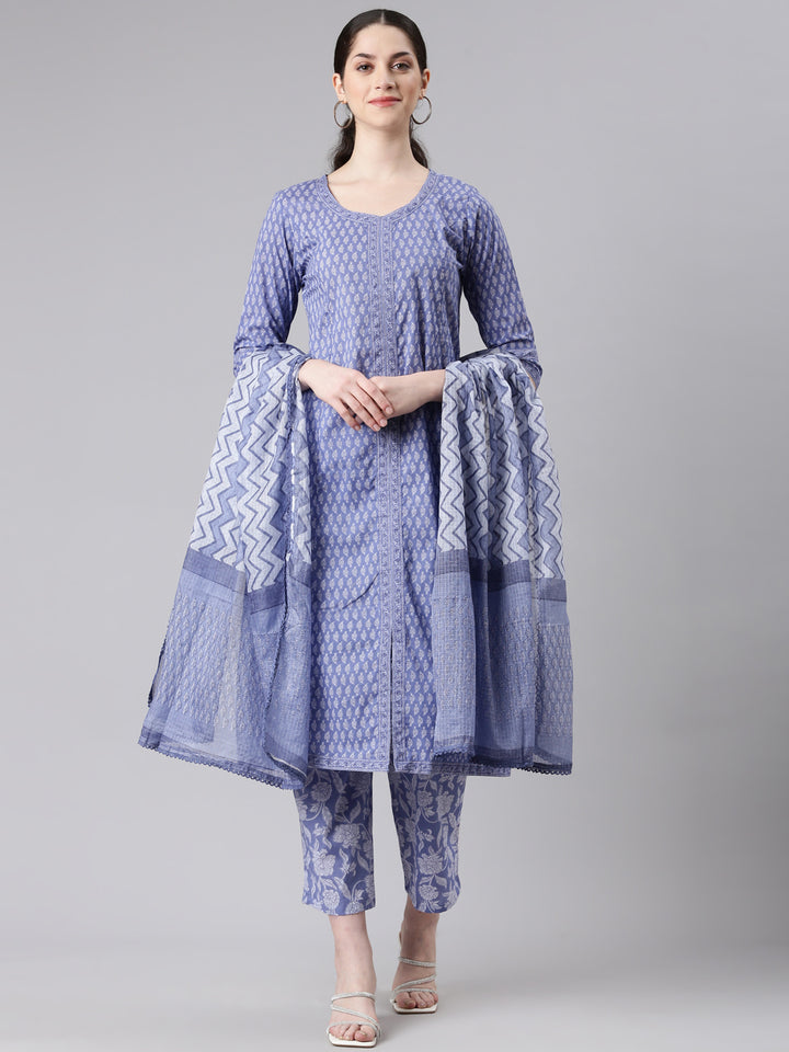Neerus Blue cotton Anarkali suit set - front view