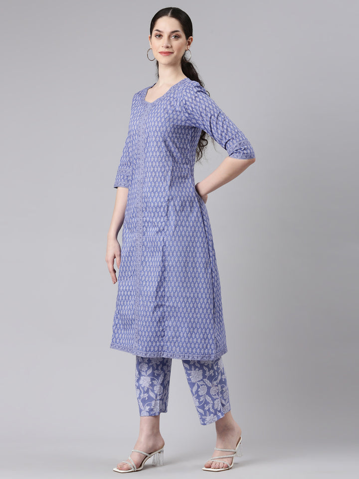 Neerus Blue cotton Anarkali suit set - back view