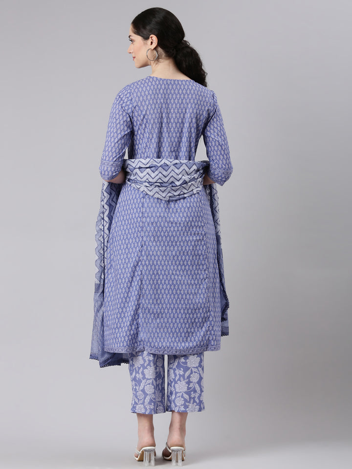 Neerus Blue cotton Anarkali suit set - side view