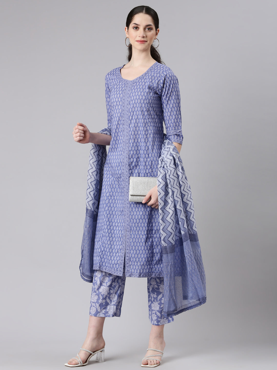 Neerus Blue cotton Anarkali suit set - detail view 2