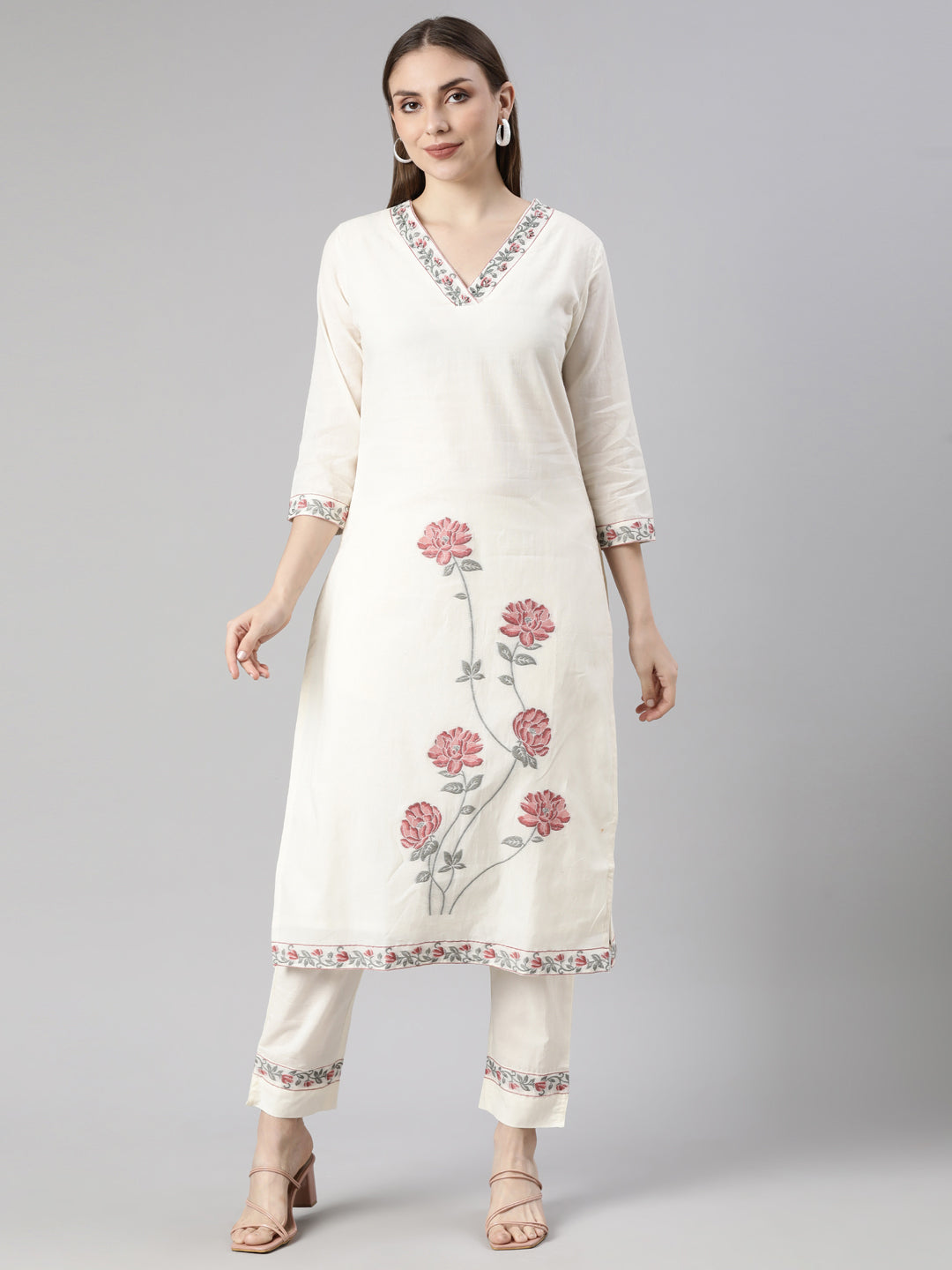 Neerus Cream Regular Straight Floral Kurta And  Trousers