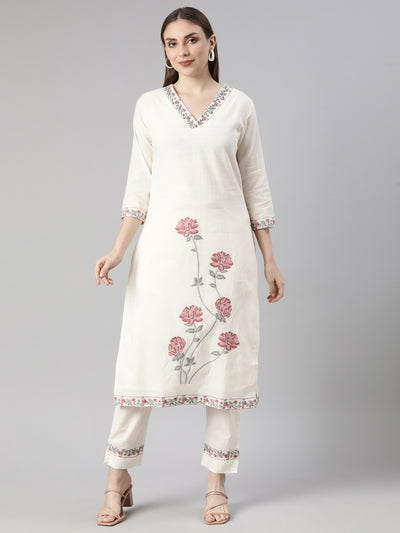 Neerus Cream Regular Straight Floral Kurta And  Trousers