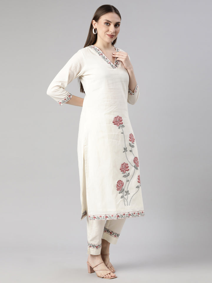 Neerus Beige cotton printed kurta set - back view