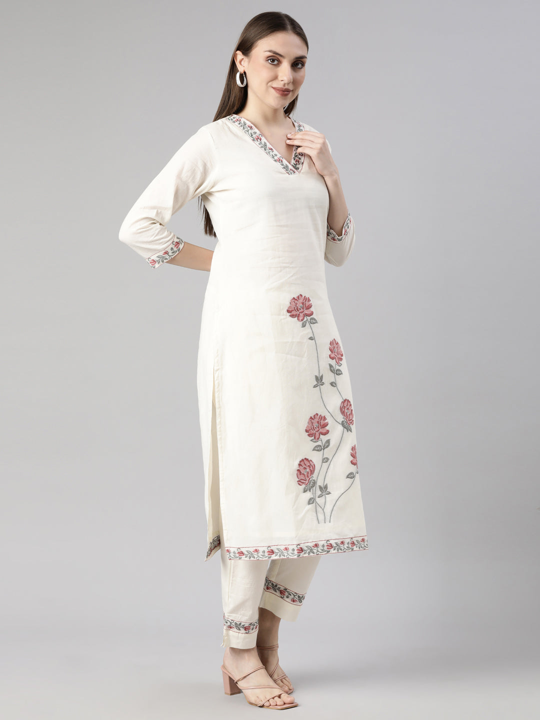 Neerus Cream Regular Straight Floral Kurta And  Trousers