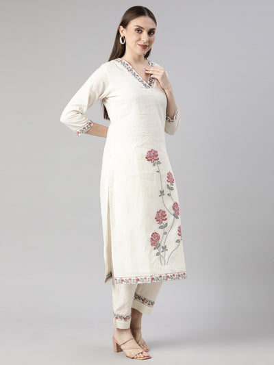 Neerus Cream Regular Straight Floral Kurta And  Trousers
