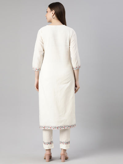 Neerus Cream Regular Straight Floral Kurta And  Trousers