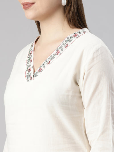 Neerus Cream Regular Straight Floral Kurta And  Trousers