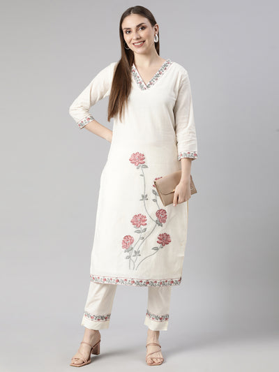 Neerus Cream Regular Straight Floral Kurta And  Trousers