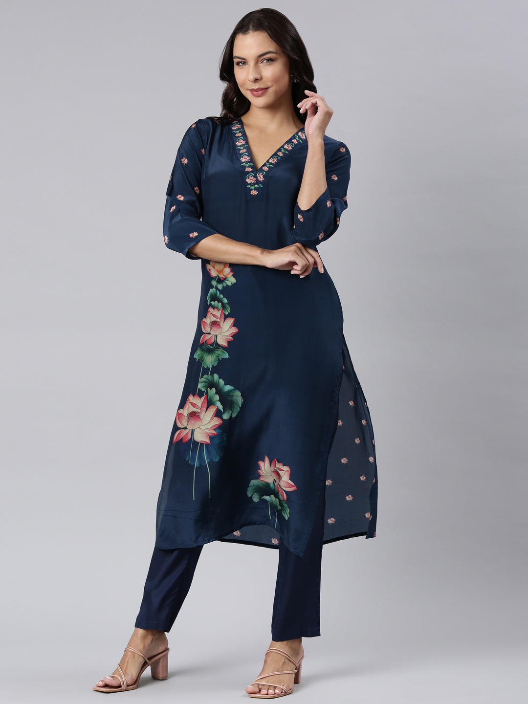 Neerus Blue printed straight suit set - front view