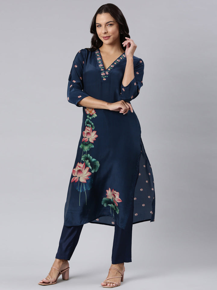 Neerus Blue printed straight suit set - front view