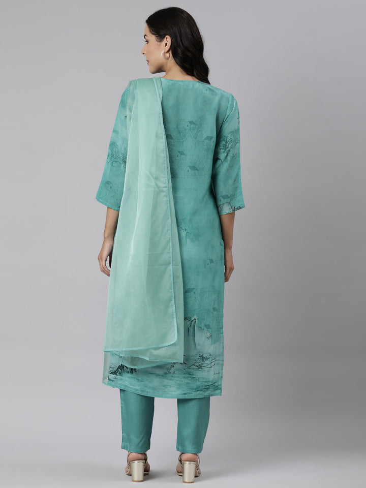 Neerus Sea Green Panelled Straight Printed Kurta And Trousers With Dupatta