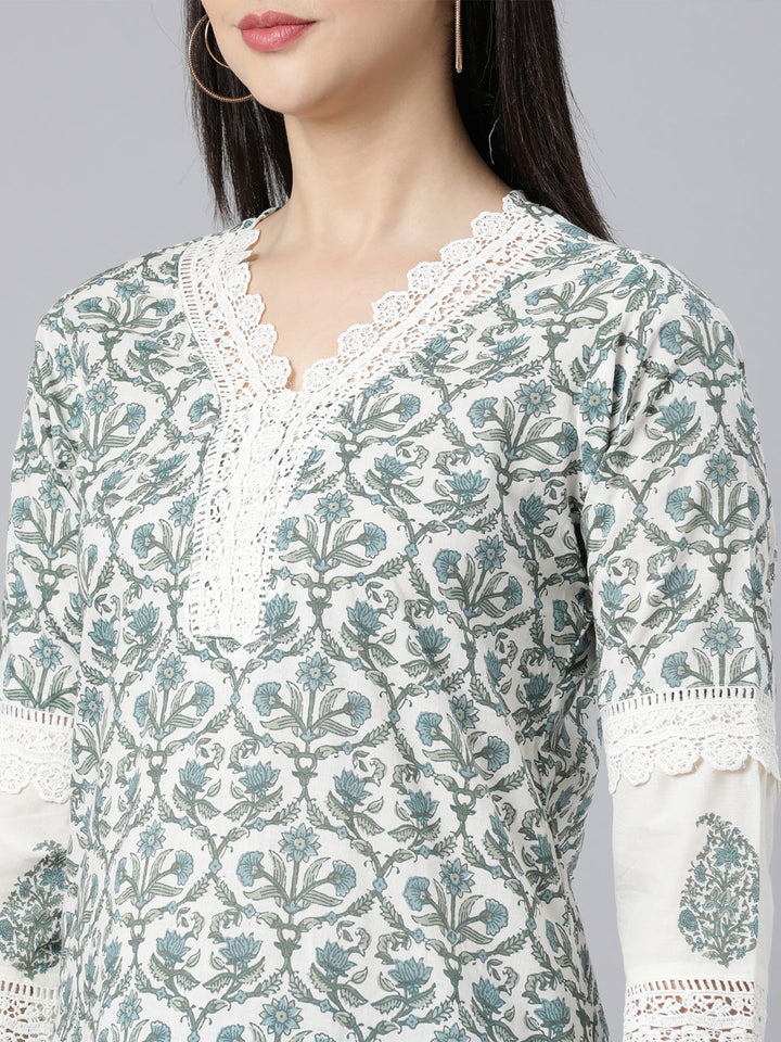 Neerus Blue cotton printed straight suit set - detail view 2