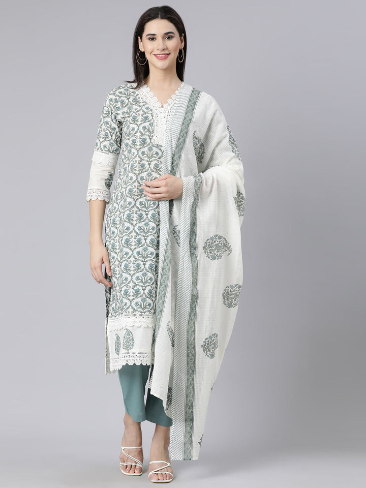 Neerus Blue cotton printed straight suit set - front view