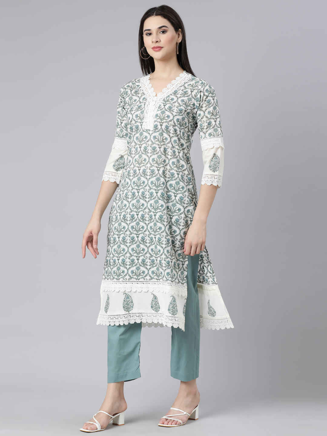Neerus Blue cotton printed straight suit set - back view