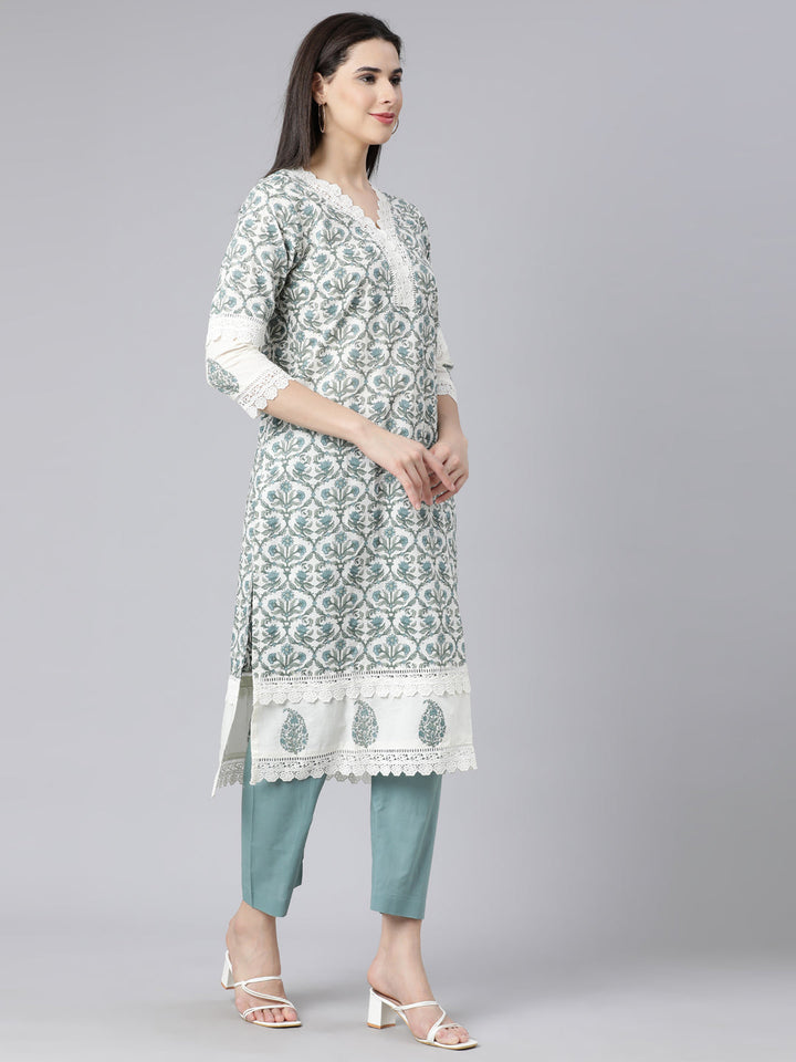Neerus Blue cotton printed straight suit set - side view