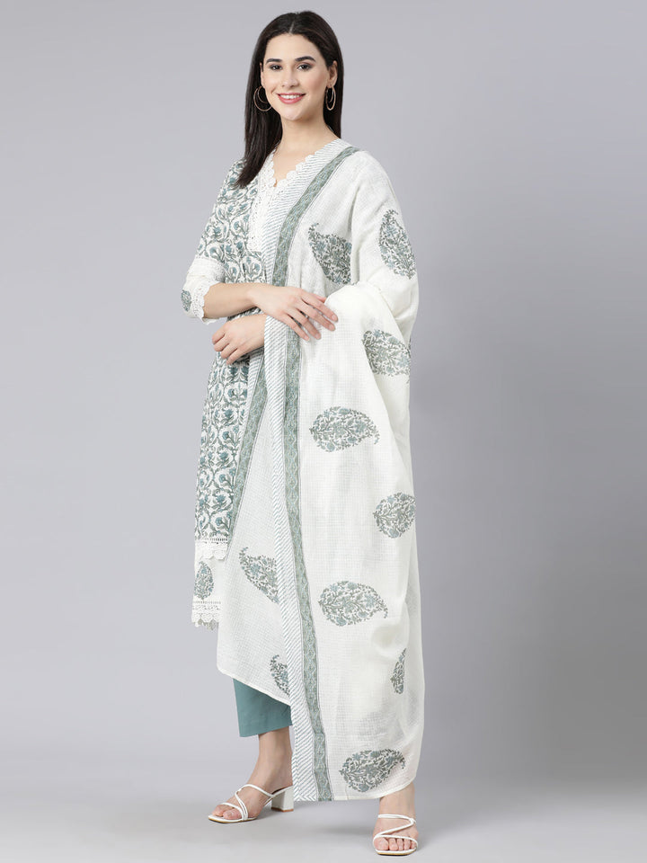 Neerus Blue cotton printed straight suit set - detail view 3