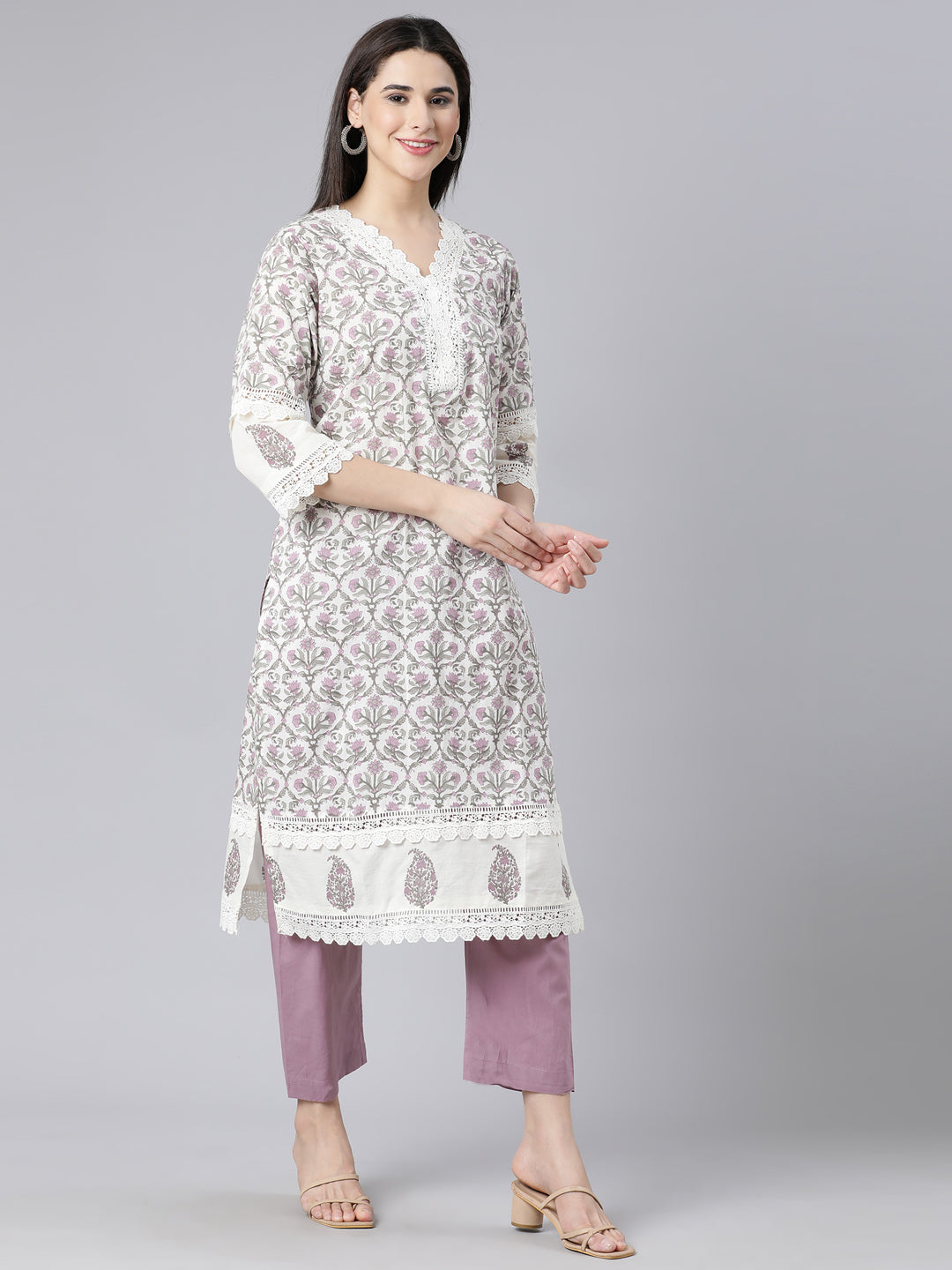 Neerus Lavender Panelled Straight Printed Kurta And Trousers With Dupatta