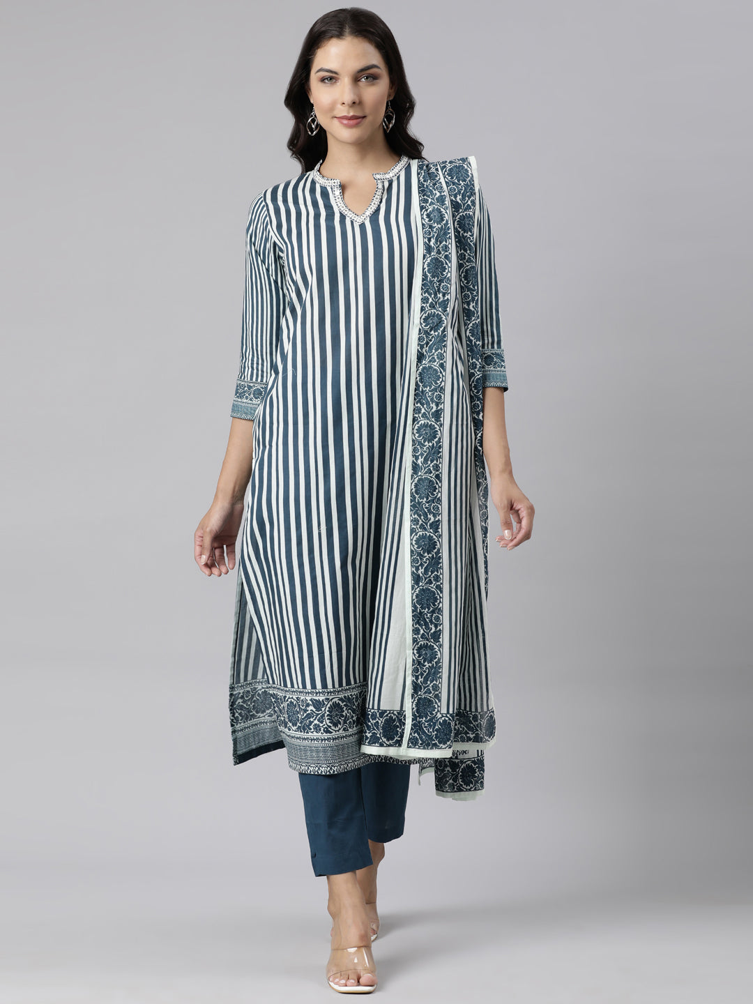 Neerus Blue cotton printed suit set - front view