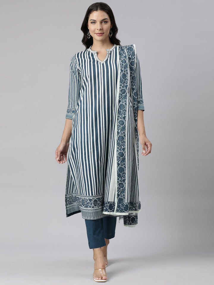 Neerus Blue cotton printed suit set - front view