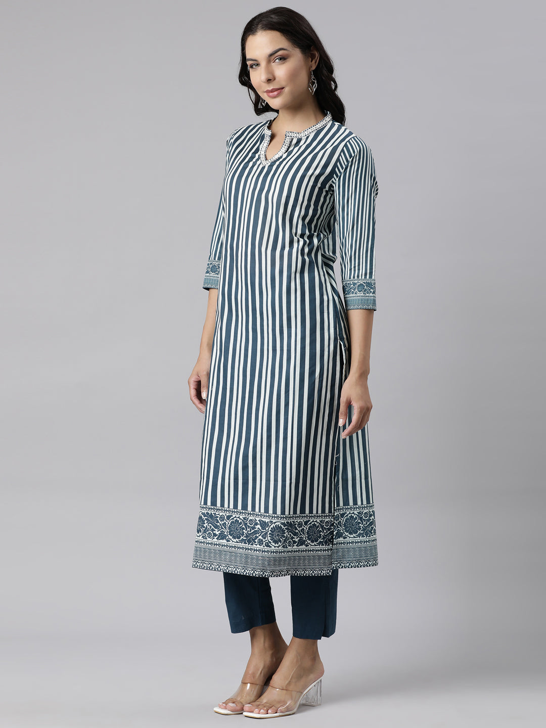 Neerus Blue cotton printed suit set - back view