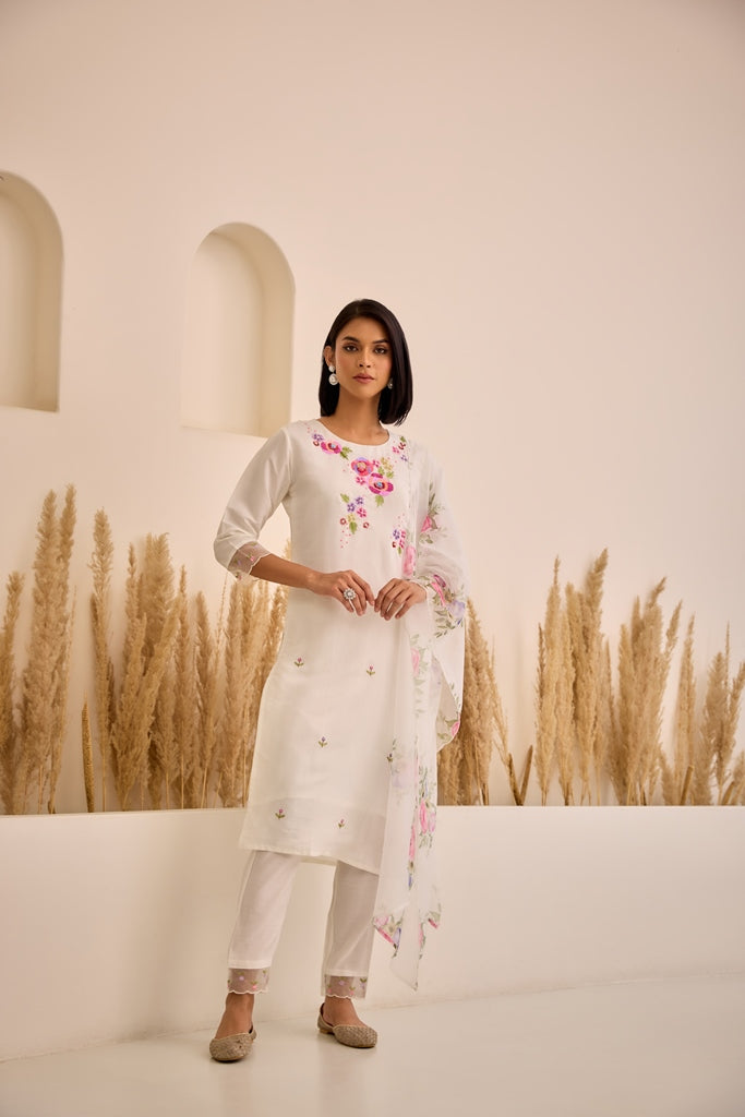 Neerus White Chanderi embellished straight suit set - front view
