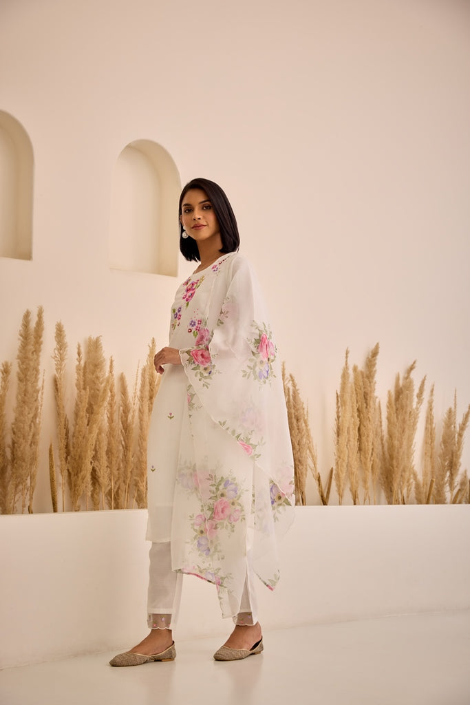 Neerus White Chanderi embellished straight suit set - detail view 1