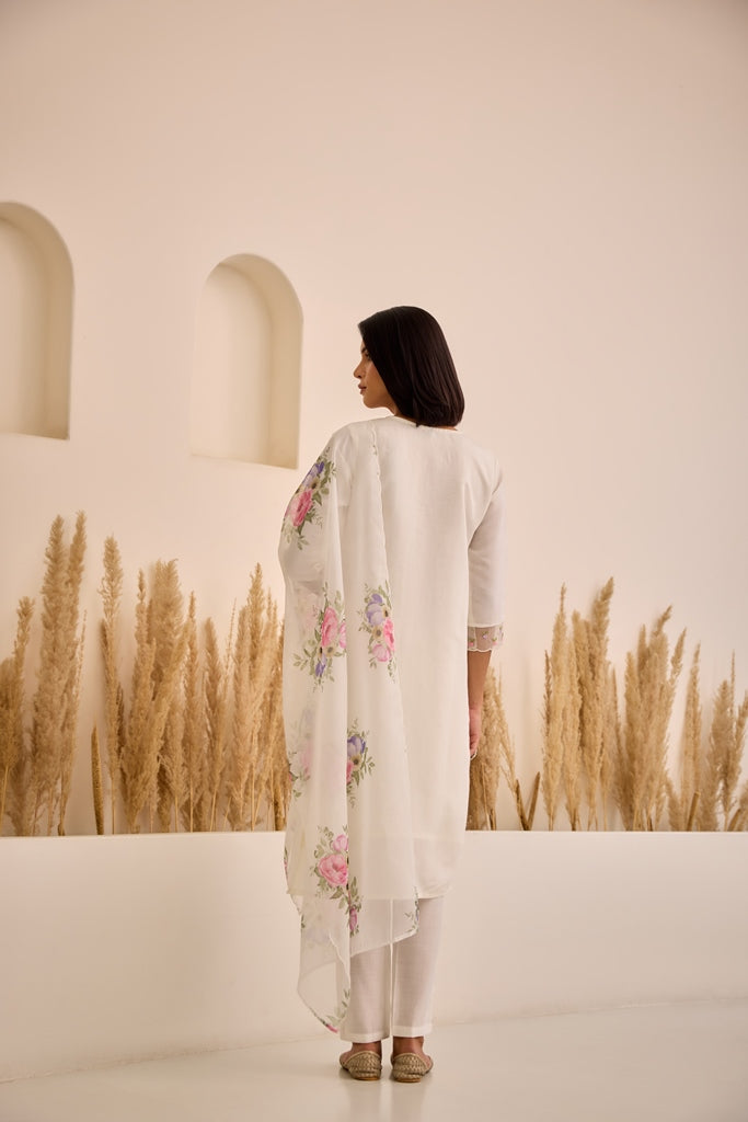 Neerus White Chanderi embellished straight suit set - side view