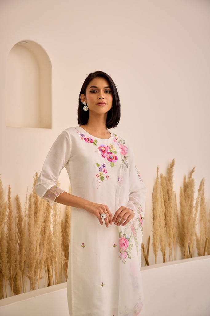 Neerus White Chanderi embellished straight suit set - back view