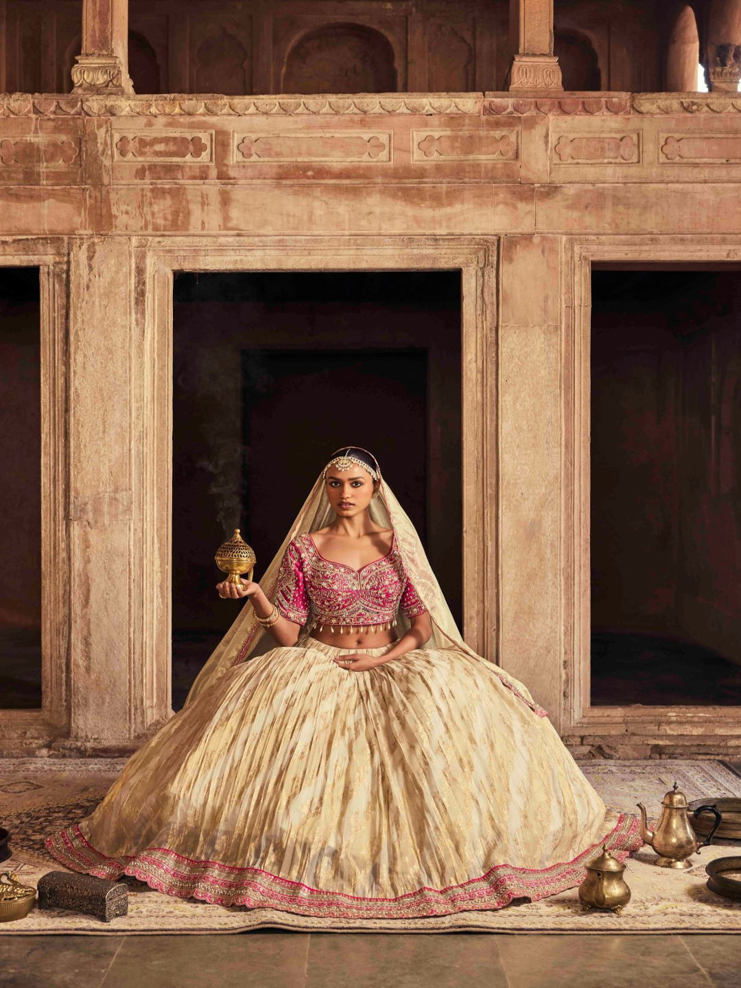 Neerus Pink Embroidery Work Tissue Fabric Ghagra Set