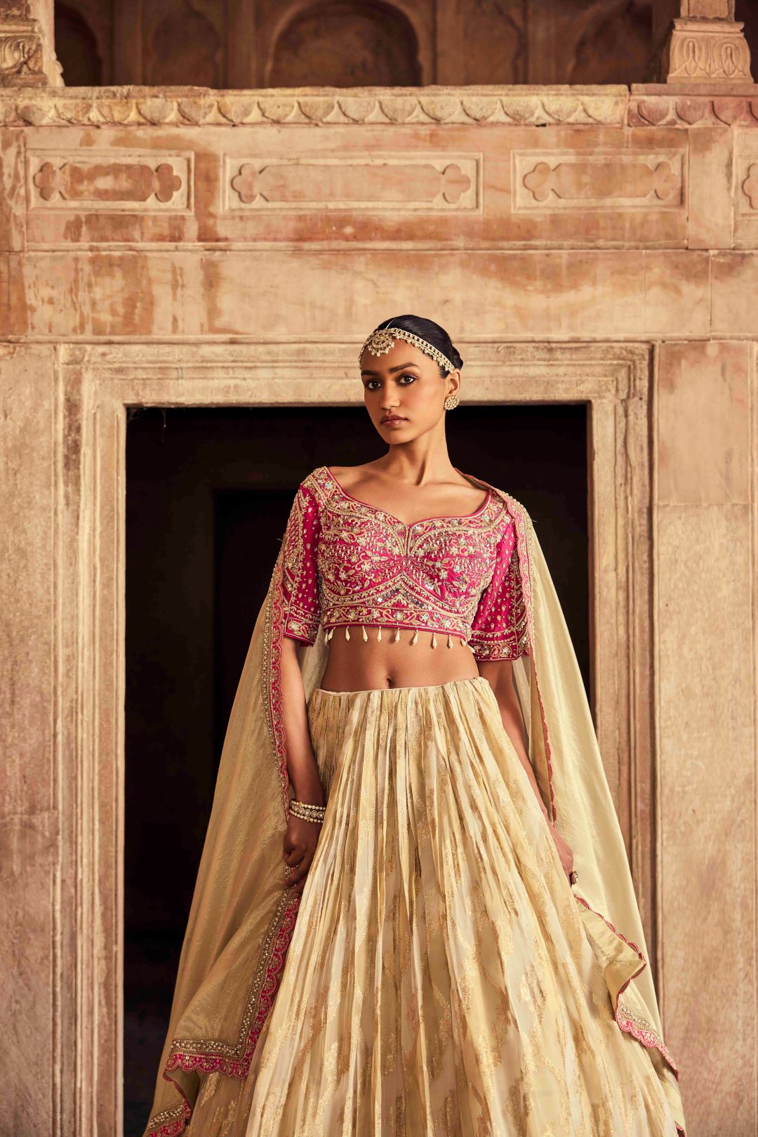 Neerus Pink Embroidery Work Tissue Fabric Ghagra Set