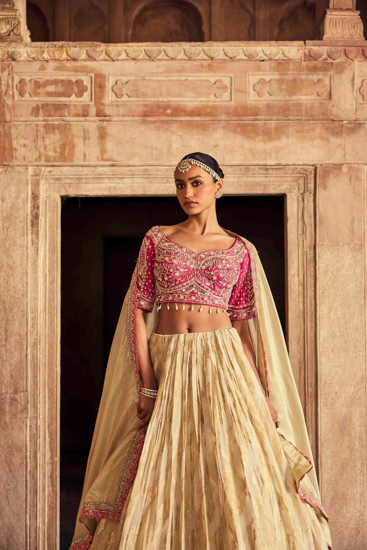 Neerus Pink Embroidery Work Tissue Fabric Ghagra Set