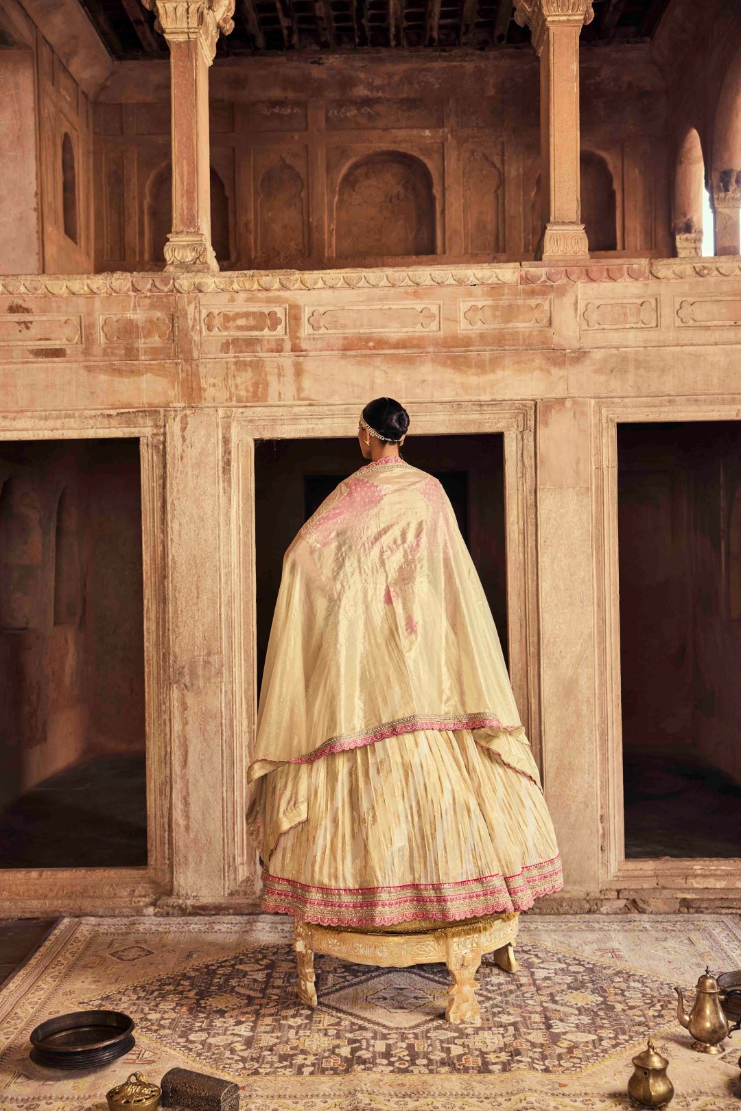 Neerus Pink Embroidery Work Tissue Fabric Ghagra Set