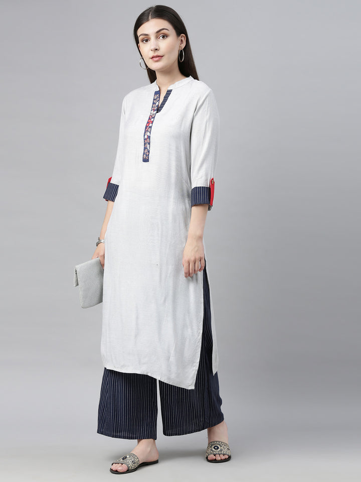Neerus Grey printed kurta set with palazzo - front view