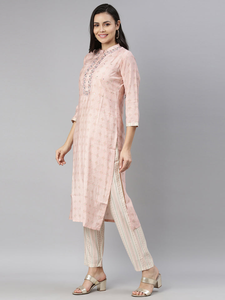 Neerus Women Pink Ethnic Motifs Printed Mirror Work Kurti with Trousers