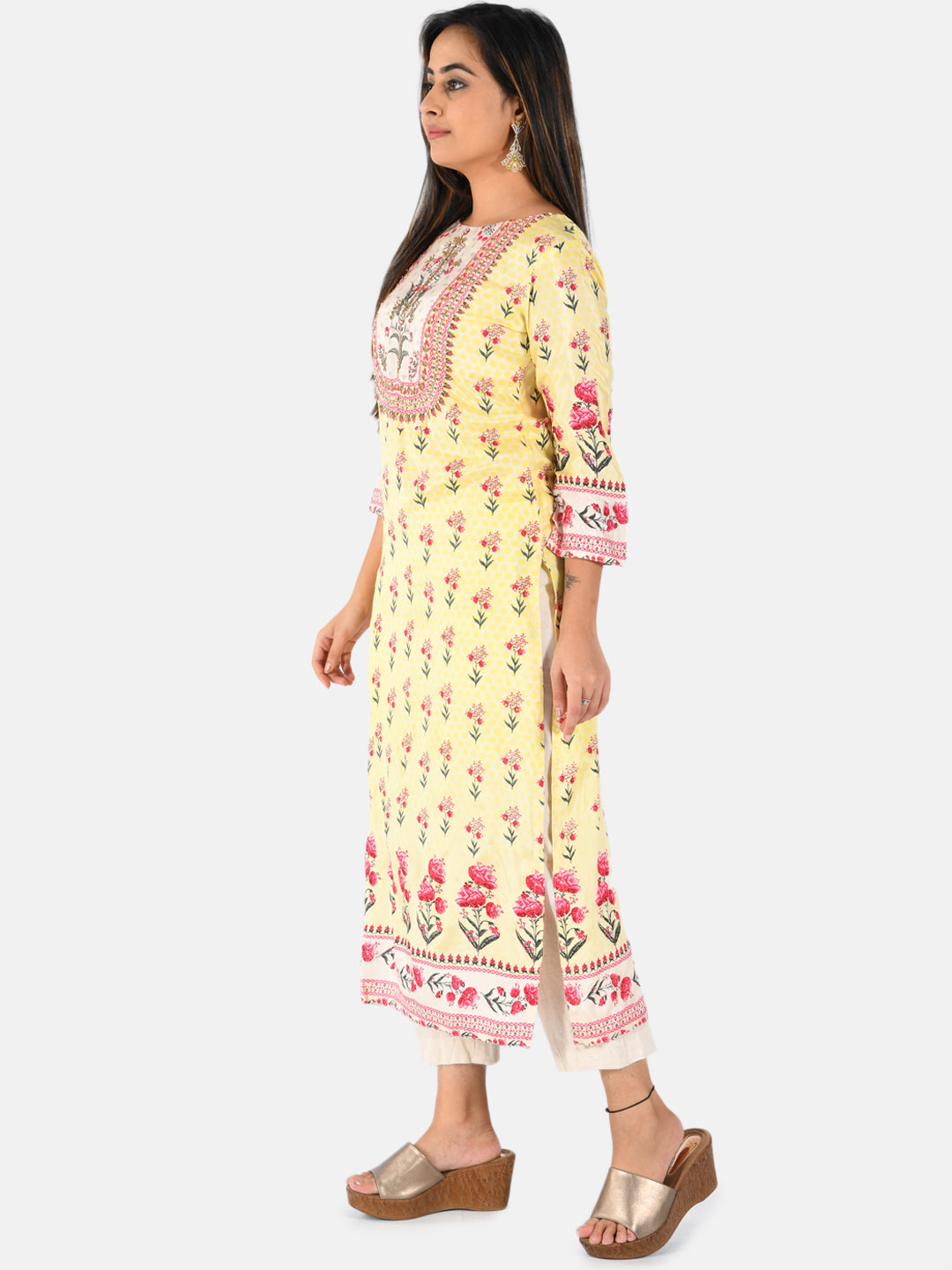 Neerus Yellow floral printed straight kurta - back view