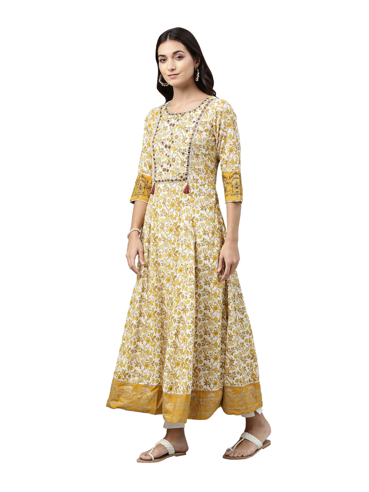 Neerus Women Mustard Yellow  White Ethnic Motifs Printed Anarkali Kurta