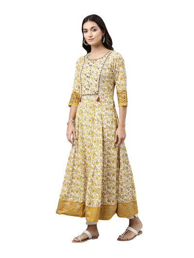 Neerus Women Mustard Yellow  White Ethnic Motifs Printed Anarkali Kurta